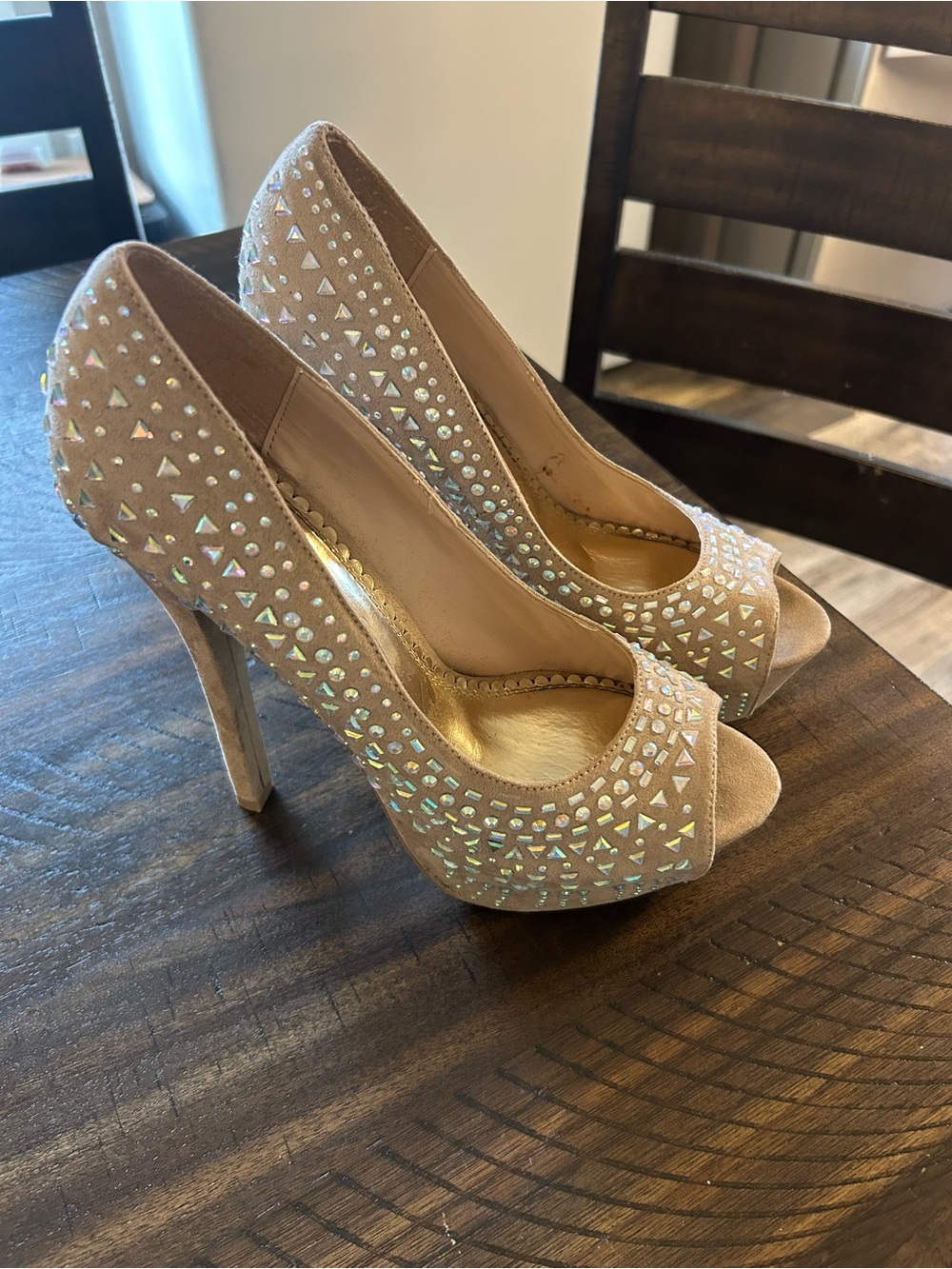 Shi by JOURNEYS Nude Peep-Toe High Heels with Iridescent Studs